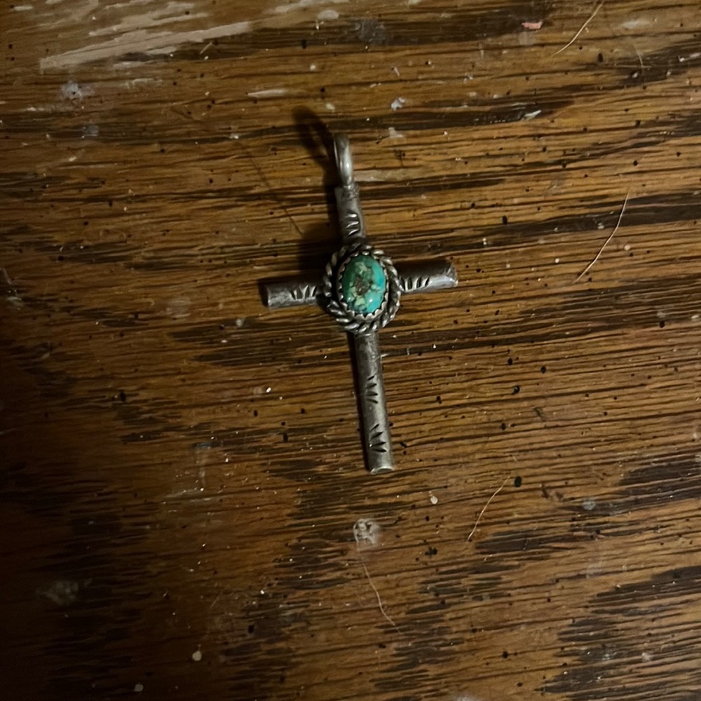 Silver cross with jade look stone